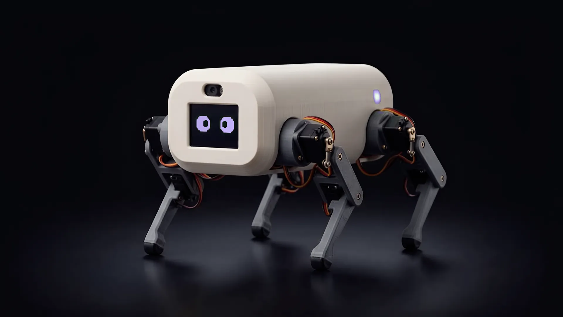 Concept render of roboPet, a small four-legged robot with an off-white shell and an OLED face showing two violet eyes.